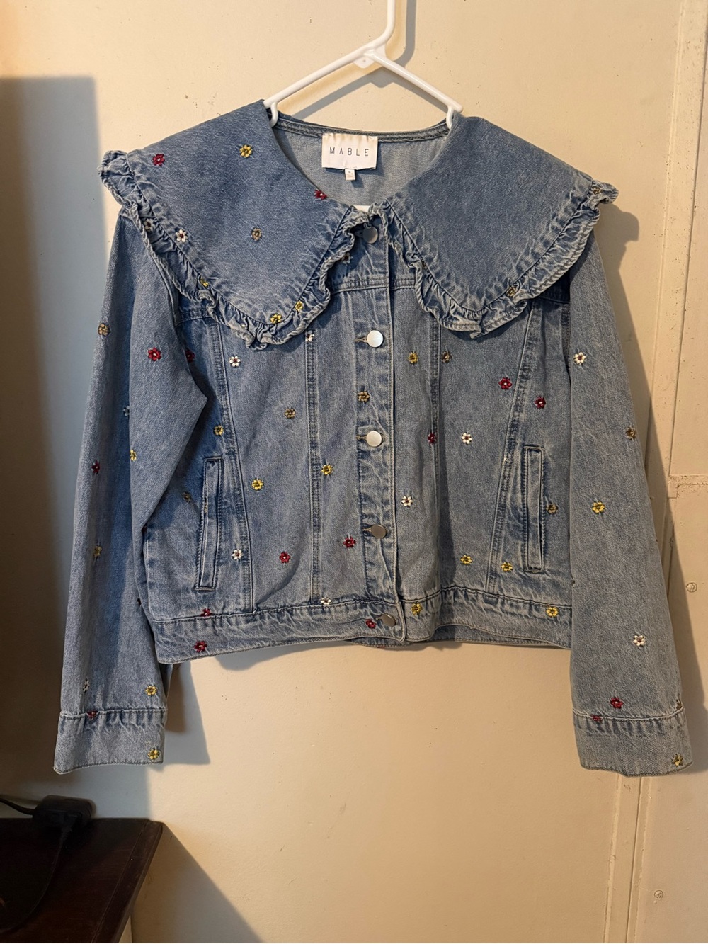 MABLE Light Blue Embroidered Denim Jacket with Ruffled Peter Pan Collar